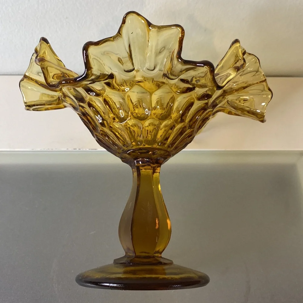 Vintage Fenton Colonial Thumbprint Amber Art Glass Footed Comote Candy Dish